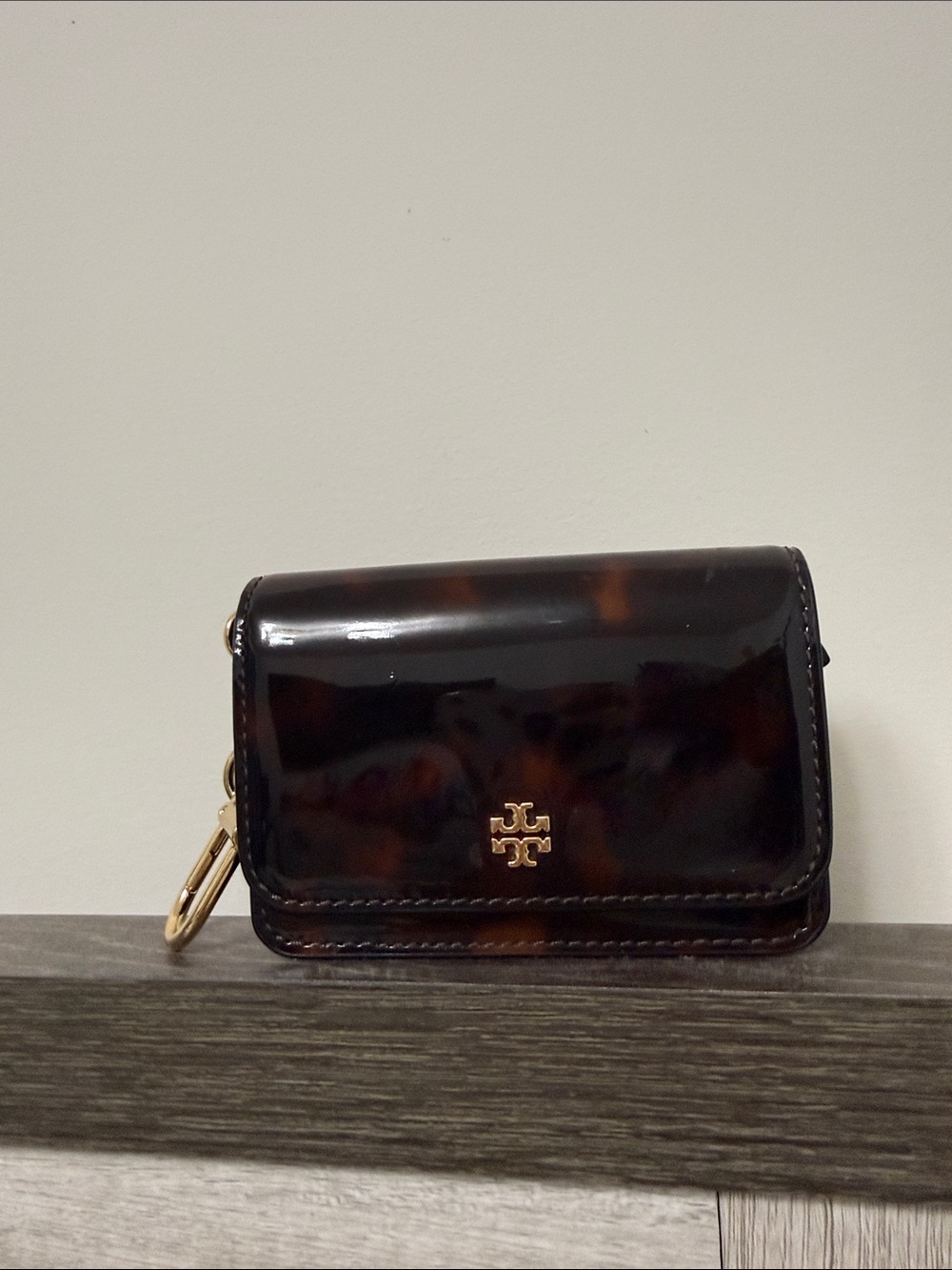 Tory Burch Tortoise Patent Key & Card Holder with Gold Hardware